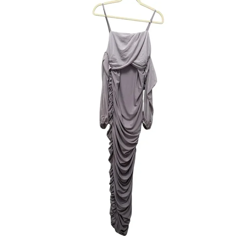 Club L London Announcement Taupe Ruched Bardot Maxi Maternity Dress US 6 UK 10 - Picture 4 of 4